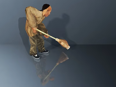 Game And Movie Character Sweeping Floor With Broom In Gray Background And Floor Reflection 3d model