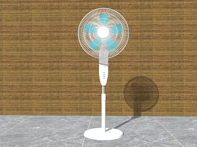 Standing Air Cooler Fan With White Body Blue Blades And Brown Woven Wall 3d model