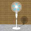 Standing Air Cooler Fan With White Body Blue Blades And Brown Woven Wall