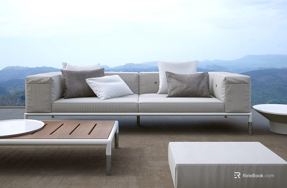 Light Gray Sofa and Coffee Table Set With White Gray Pillows and Mountain View 3d model