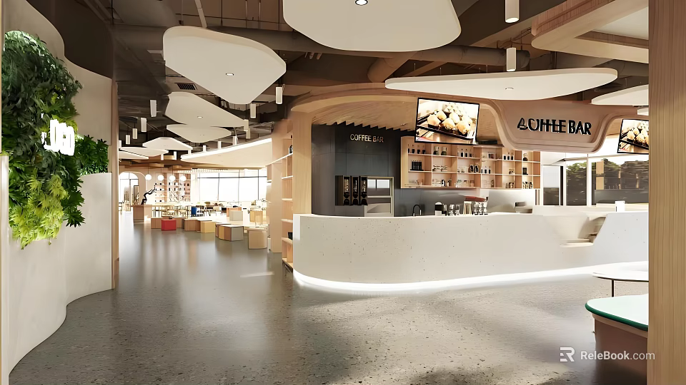 Modern Cafe Interior With Hanging Lights Bar Counter And Seating Area 3d model 