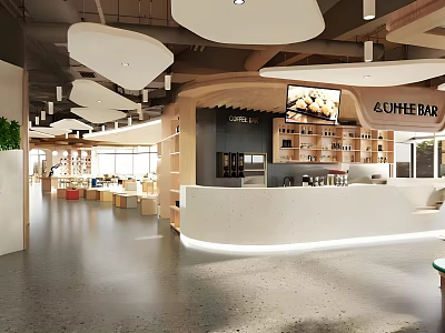 Modern Cafe Interior With Hanging Lights Bar Counter And Seating Area 3d model