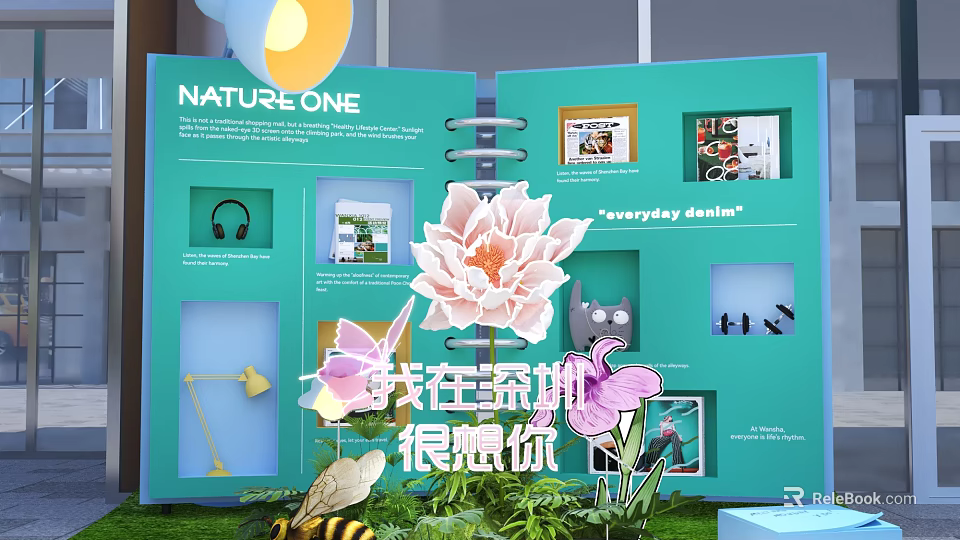 Nature One Everyday Design Photo Check-in Spot With Green Notebook 3D Lotus Bee And Plants 3d model 