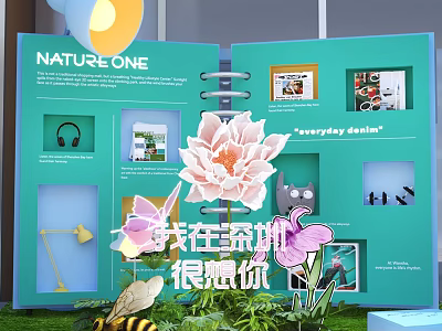 Nature One Everyday Design Photo Check-in Spot With Green Notebook 3D Lotus Bee And Plants 3d model
