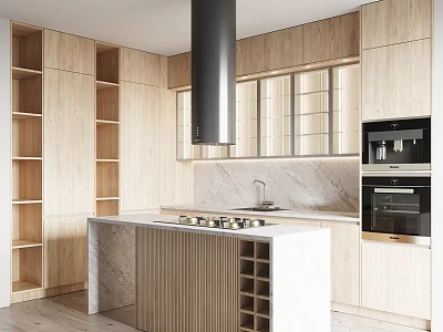 Modern Kitchen Interior Featuring Wooden Cabinets Marble Countertop Island And Appliances 3d model