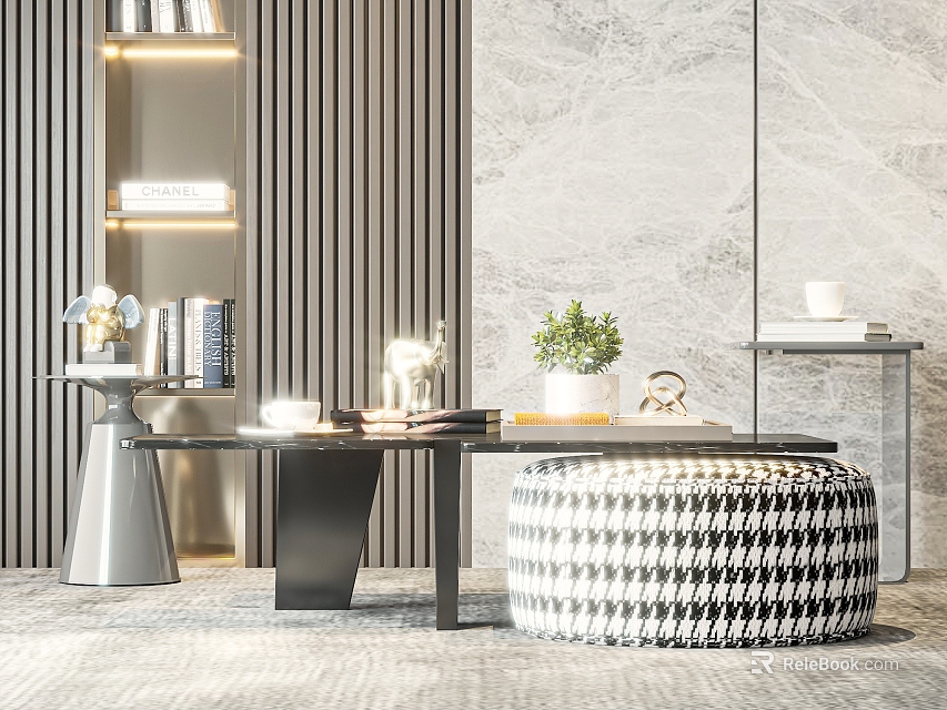 Modern Coffee Table Featuring Houndstooth Ottoman Green Plant Books on Gray Striped and Marble Wall 3d model 