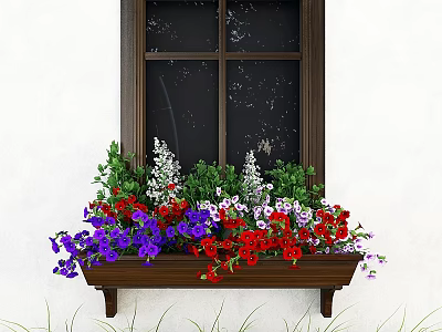 Colorful Flowers In Wooden Window Box On White Wall Background With Green Plants 3d model