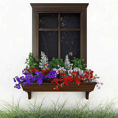 Colorful Flowers In Wooden Window Box On White Wall Background With Green Plants 3d model
