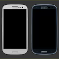 Samsung Smartphones Two Different Colors White And Blue With Black Screens On Dark Background