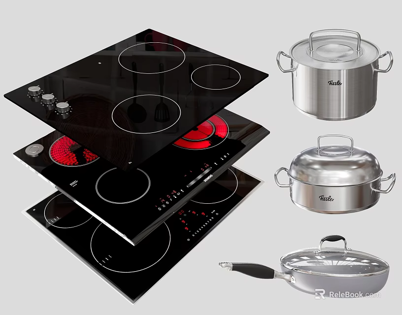 Modern Kitchen Appliances Featuring Black Electric Cooktops And Stainless Steel Cookware With Lids 3d model 