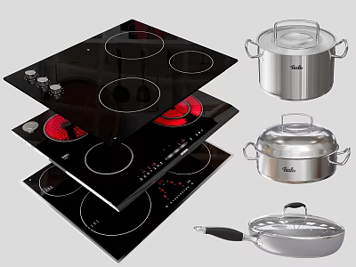 Modern Kitchen Appliances Featuring Black Electric Cooktops And Stainless Steel Cookware With Lids 3d model