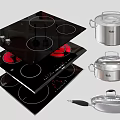 Modern Kitchen Appliances Featuring Black Electric Cooktops And Stainless Steel Cookware With Lids