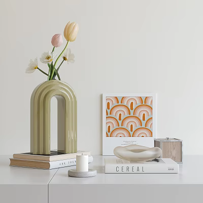 Decorative Ornaments Set Featuring Green Arch Vase Flowers Books Arch Painting White Sculpture And Candle 3d model