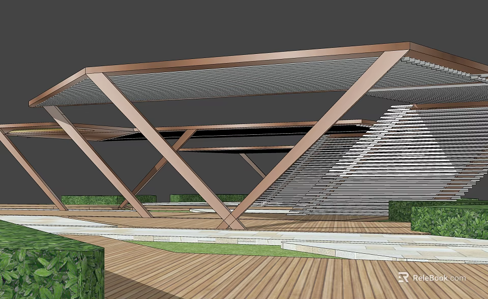 Modern Wooden Pergola With Geometric Support Beams Shaded Roof And Wooden Deck 3d model 