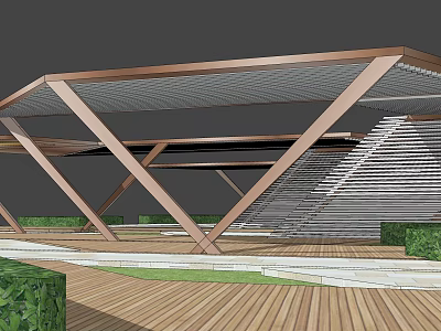 Modern Wooden Pergola With Geometric Support Beams Shaded Roof And Wooden Deck 3d model