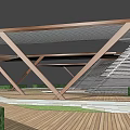 Modern Wooden Pergola With Geometric Support Beams Shaded Roof And Wooden Deck
