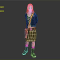 Woman With Blonde Hair Wearing Black Jacket Purple Star Top Plaid Skirt And Black Boots