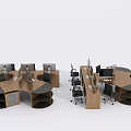 Modern Office Desks with Circular Design Wooden Finish Office Chairs and Computers