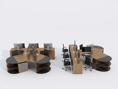 Modern Office Desks with Circular Design Wooden Finish Office Chairs and Computers 3d model