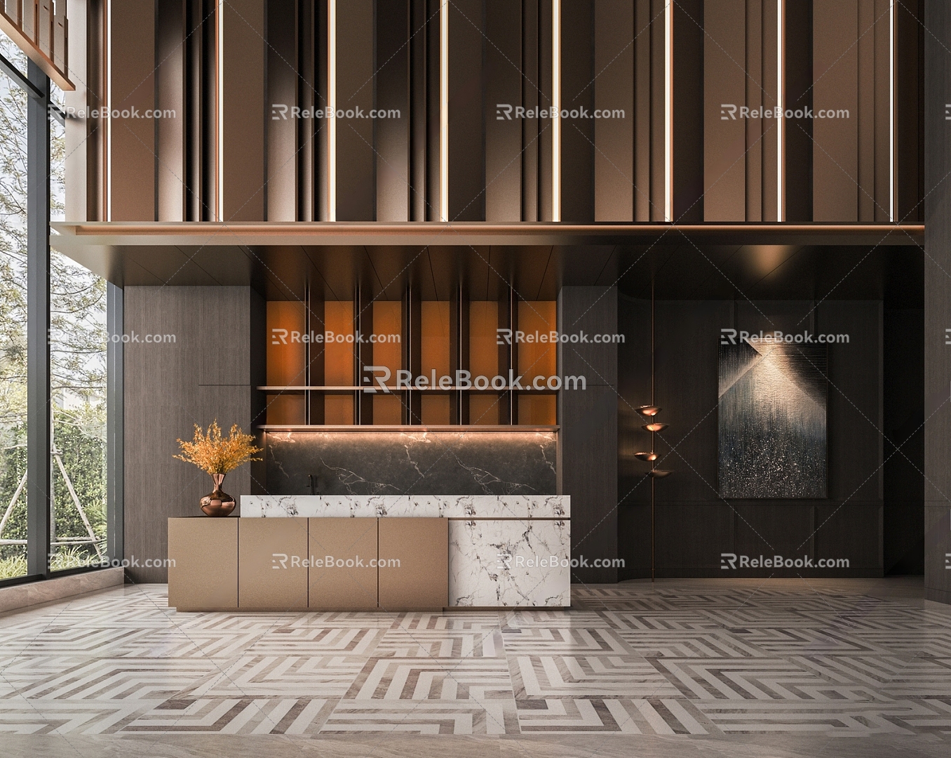 Modern Sales Office Water Bar Front Desk Front Desk Background Wall Vase Hanging Painting 3d model