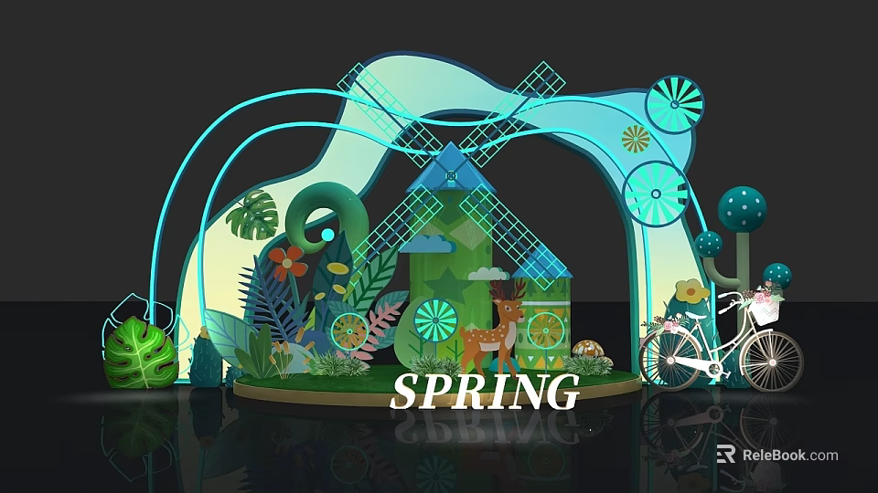 Spring Themed Photo Check in Spot With Windmill Deer Plants And Bicycle Decorations 3d model 
