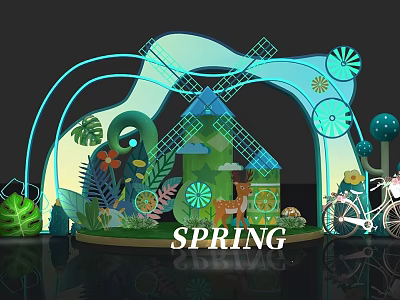 Spring Themed Photo Check in Spot With Windmill Deer Plants And Bicycle Decorations 3d model