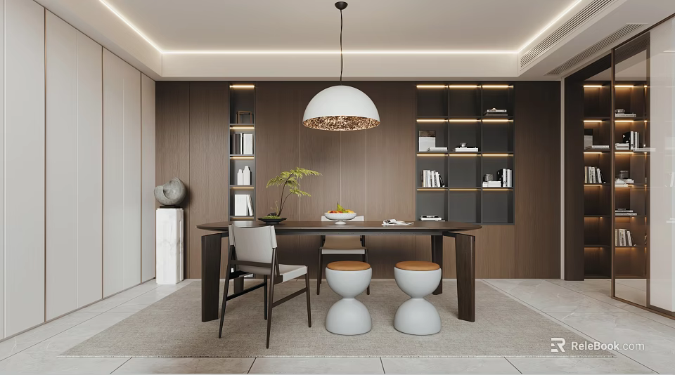 Modern Study Room Interior Design With Wooden Bookshelves Desk Chair And Pendant Light 3d model 