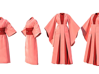 Pink Traditional Kimono Robes With Red Belt And Flowing Sleeves 3d model