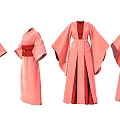 Pink Traditional Kimono Robes With Red Belt And Flowing Sleeves
