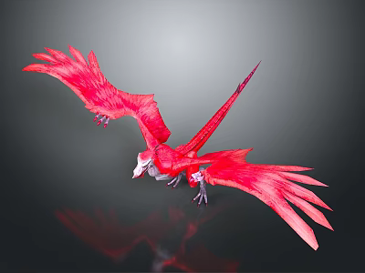 Red Dragon Like Creature Flying With Spread Red Wings White Head Against Dark Background Reflection 3d model