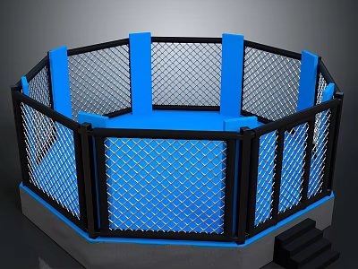 Octagonal Home Fitness Cage With Blue Mat Black Fence And Steps 3d model