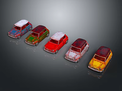 Colorful Vintage Toy Cars with Snow Covered Tops Arranged in a Row 3d model