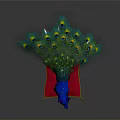 Blue Fox Sculpture With Peacock Feather Tail On Red Cushion
