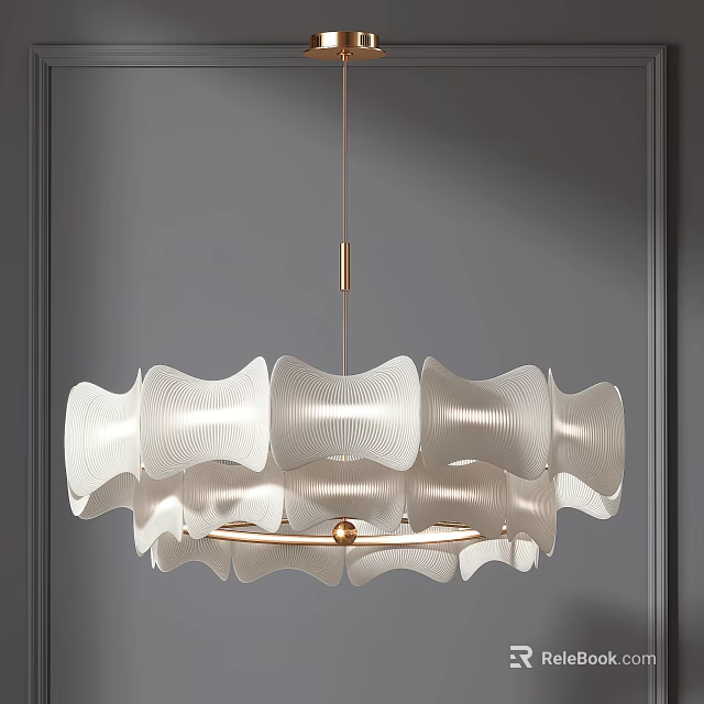 Elegant Modern White Chandelier with Scalloped Shades and Golden Hanging Rod 3d model 
