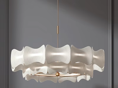 Elegant Modern White Chandelier with Scalloped Shades and Golden Hanging Rod 3d model
