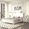Cozy Double Bed with White Headboard Pillows Bedside Table Plants and Decorative Wall Art
