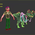 Male Character In Black T-Shirt Jeans Standing With Spiked Horned Purple Dinosaur And Saddle