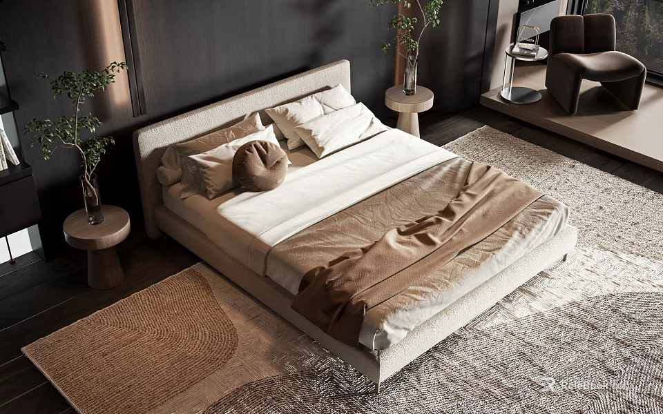 Modern Cozy Double Bed With Beige Headboard Nightstand Plant Rug And Dark Wall 3d model 