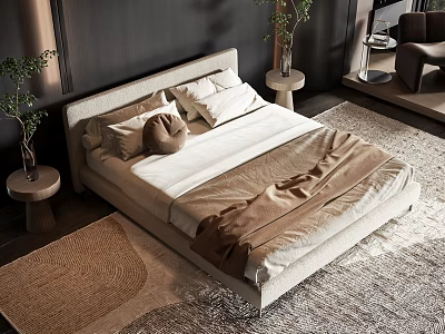 Modern Cozy Double Bed With Beige Headboard Nightstand Plant Rug And Dark Wall 3d model