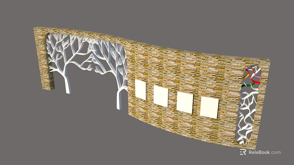 Curved Stone Brick Feature Wall With Hollow Tree Branch Design And White Square Panels 3d model 
