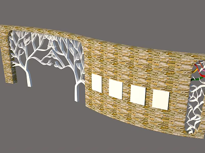 Curved Stone Brick Feature Wall With Hollow Tree Branch Design And White Square Panels 3d model