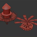 Stone Tower With Red Pointed Roof And Wooden Platform Plus Windmill Like Wooden Blade Structure