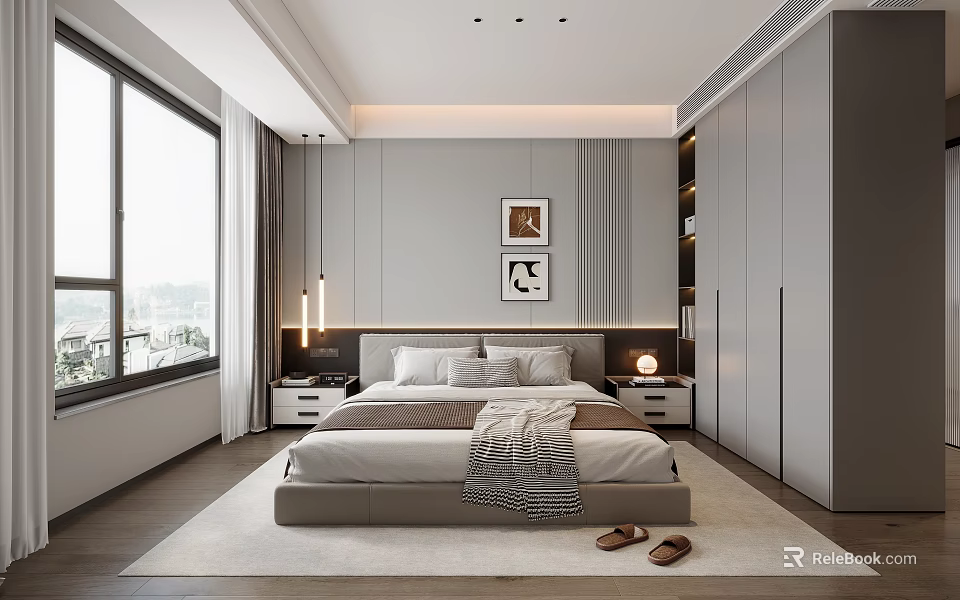 Modern Bedroom Interior Design With Platform Bed Bedside Tables Large Window And Artwork 3d model 