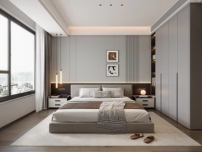 Modern Bedroom Interior Design With Platform Bed Bedside Tables Large Window And Artwork 3d model
