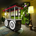 White And Blue Functional Cart With Canopy Wheels And Green Plant Wall Decor