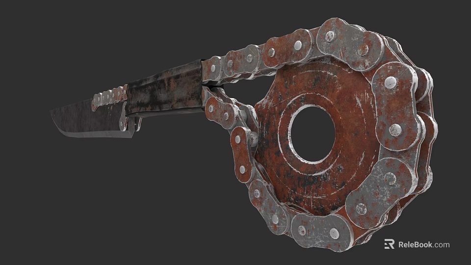 Rusty Metal Weapon Featuring Chain Circular Part And Sharp Metal Blade 3d model