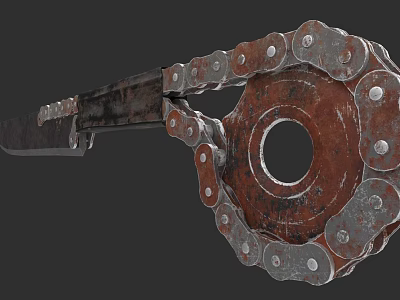 Rusty Metal Weapon Featuring Chain Circular Part And Sharp Metal Blade 3d model