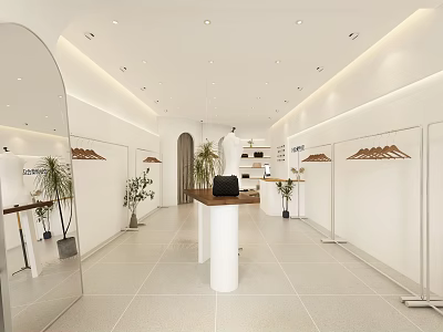 Modern Clothing Store Interior With Mirrors Clothes Racks Potted Plants And Bright Lighting Display Stand 3d model