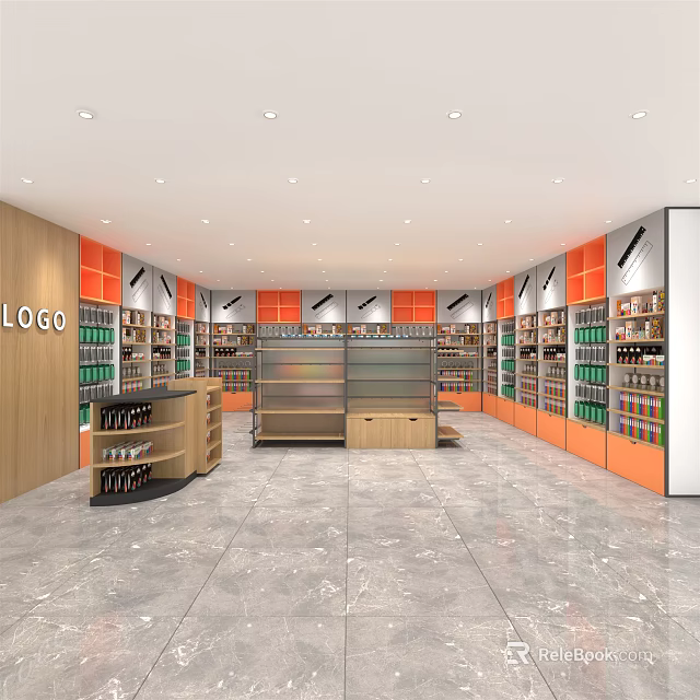 Modern Retail Store Interior With Orange White Shelves Display Counters Products And Marble Flooring 3d model 