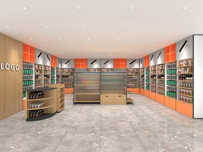 Modern Retail Store Interior With Orange White Shelves Display Counters Products And Marble Flooring 3d model